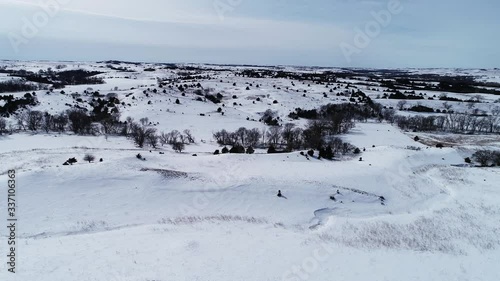 Wide aerial, snowy Nebraska countryside