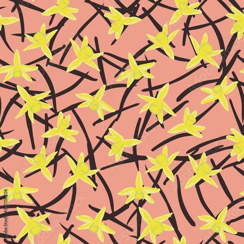Vanilla flowers and beans seamless vector pattern. Flavour themed botanical surface print design. For baking, perfume and aromatherapy themed fabrics, stationery and packaging.