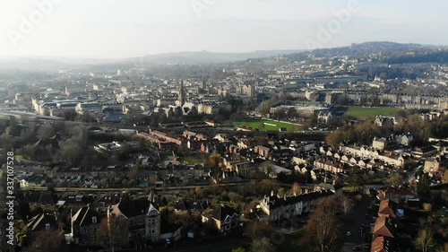Downtown countryside city in United Kingdom, wide aerial