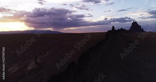 Tilt down aerial, Ship Rock at sunset