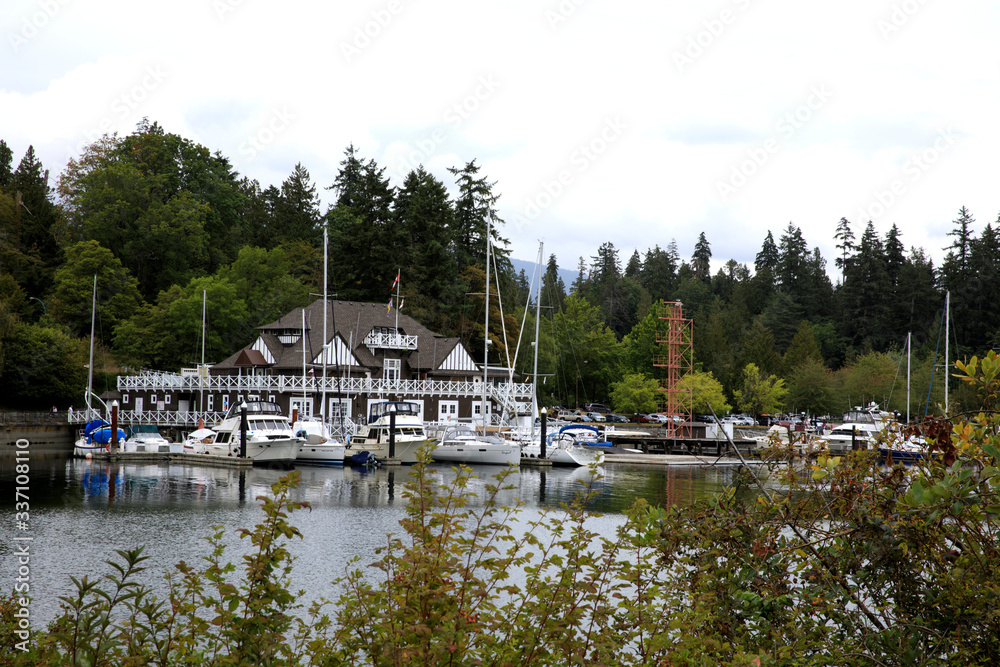 Vancouver, America - August 18, 2019: A small port near Stanley Park, Vancouver, America