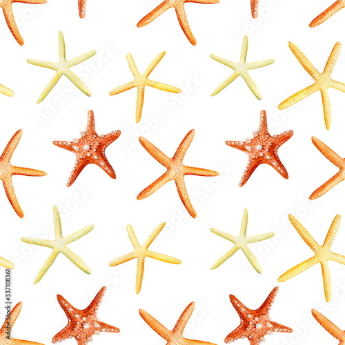 Watercolor starfish, seamless pattern. Hello summer