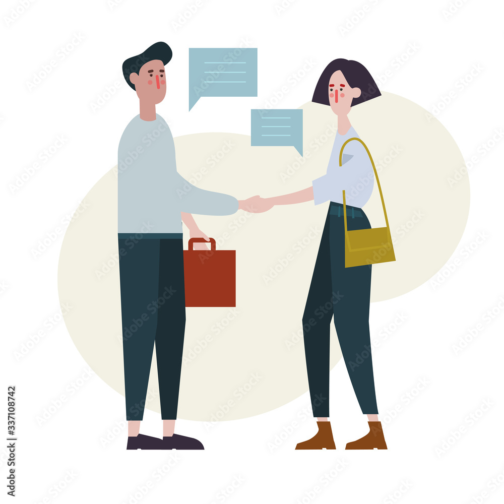 white young woman and man business partners have shaking hands
