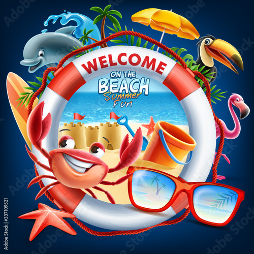 summer beach cartoon illustration design with animals