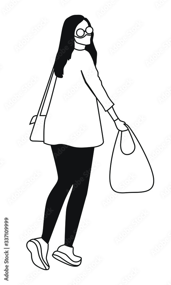 Vector outline girl in face mask and glasses goes from the shop. Flat design style illustration. Quarantine life style. Coronavirus protective measures. Vector outline girl in face mask and glasses goes from the shop. Flat design style illustration. Quarantine life style. Coronavirus protective measures.