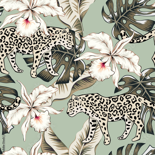 Tropical leopard animal, orchid flowers, palm leaves, green background. Vector seamless pattern. Graphic illustration. Exotic jungle plants. Summer beach floral design. Paradise nature
