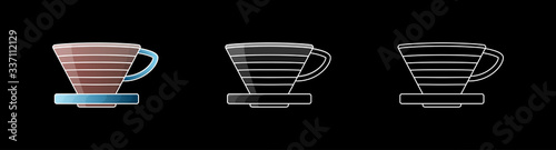 Pour over coffee maker dripper icon. Vector illustration. White line on black background