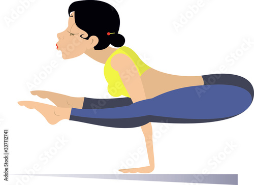 Young woman does sport or yoga exercise illustration. Young woman with lithe figure doing sport or yoga exercise isolated on white
