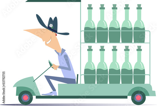 Worker, truck and bottles illustration. Funny man in the hat drives a truck with many bottles isolated on white
