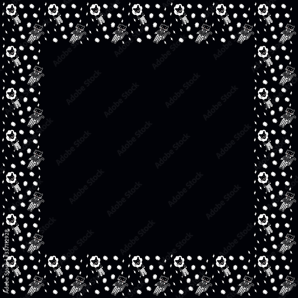 A square frame of white contour tiger cubs and lion cubs, a blot in the form of flowers and rhombuses drawn by hand on a black background. Template with place for text. Scandinavian style. Vector. A square frame of white contour tiger cubs and lion cubs, a blot in the form of flowers and rhombuses drawn by hand on a black background. Template with place for text. Scandinavian style. Vector.