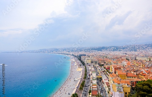 Beautiful aerial Panorama view on beach in Nice, Nizza city. Cote de azur d'azur, french riviera, Provence, France