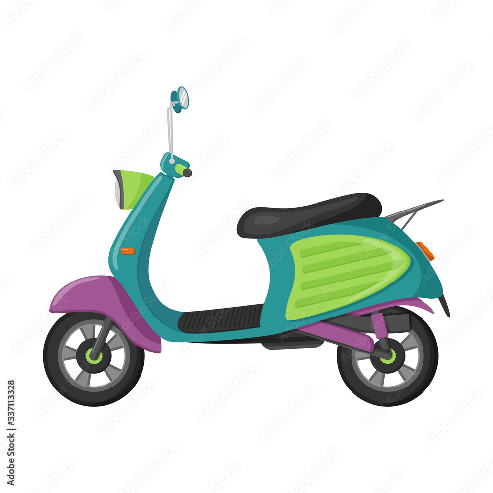 Moped in flat style. Urban transport. A means of transportation around the city, for the delivery of food and goods, for traveling and driving to work. Color vector illustration isolated on a white Moped in flat style. Urban transport. A means of transportation around the city, for the delivery of food and goods, for traveling and driving to work. Color vector illustration isolated on a white