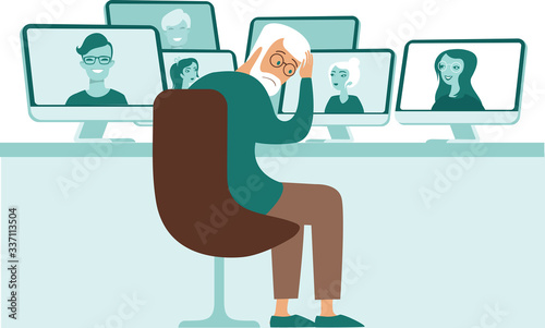Elderly teacher is being frustrated by modern online education technology. Concept for Homeschooling during coronavirus quarantine. Flat vector illustration