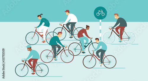 Large group of young people riding bicycles on busy street. Sports outdoor activity. Flat vector illustration