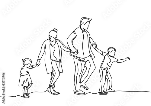Continuous line drawing of family members. Father, mother, daughter, and son holding hands together.