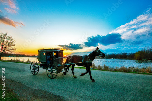 Amish Buggy at Sunset by Lake © David Arment