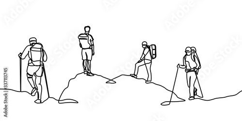 Group of hiker. One line drawing of people hiking on mountain. Continuous hand drawn vector illustration
