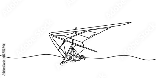 Hang gliding one line drawing, an air sport or recreational activity in which a pilot flies a light. Minimalist contour hand drawn extreme sports flying on the sky.