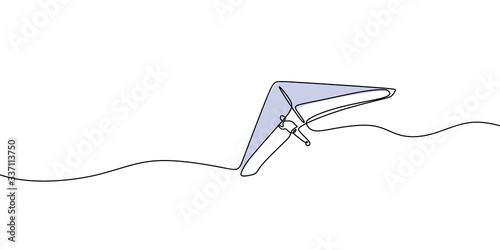 Hang gliding one line drawing, an air sport or recreational activity in which a pilot flies a light. Minimalist contour hand drawn extreme sports flying on the sky.