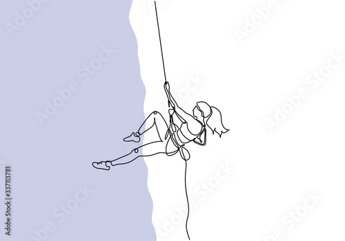 Extreme sport one line drawing. Girl doing rock climbing with a rope. Continuous minimalism adrenaline theme concept, vector illustration minimalism.