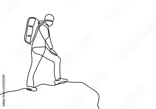 One line drawing person looking at top of rock mountain peak. Continuous single hand drawn vector illustration, achieving and contemplating a goals metaphor concept.