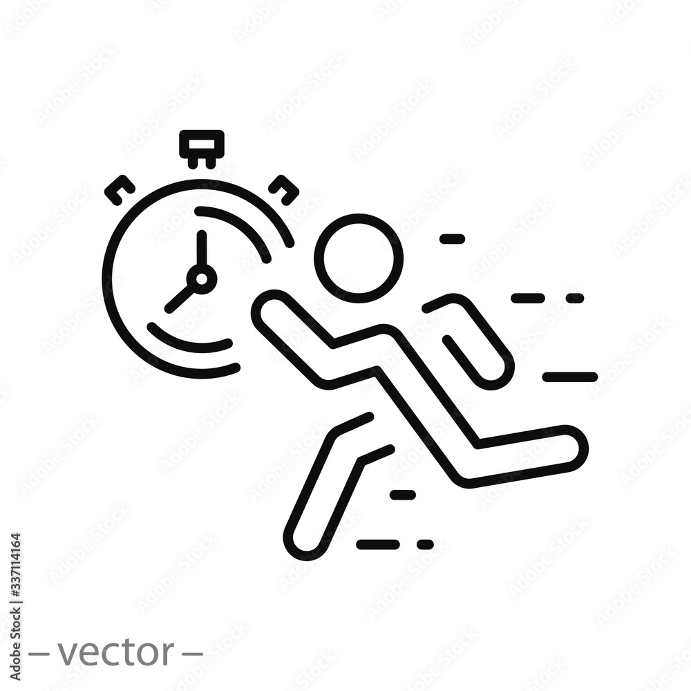 fast pace runner icon, man quick accelerate, run on time, worker late on job, thin line web symbol on white background - editable stroke vector illustration eps10 fast pace runner icon, man quick accelerate, run on time, worker late on job, thin line web symbol on white background - editable stroke vector illustration eps10