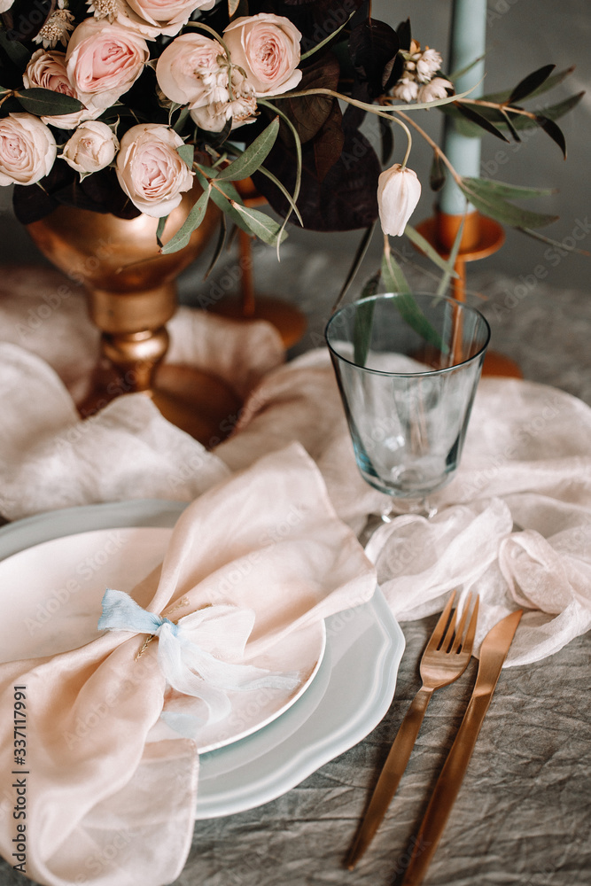 Special silk ribbon focus view on the place perfect for table decoration. Best light peach pastel color motif for wedding. Props for table photography. Use by fashion designer. Special silk ribbon focus view on the place perfect for table decoration. Best light peach pastel color motif for wedding. Props for table photography. Use by fashion designer.