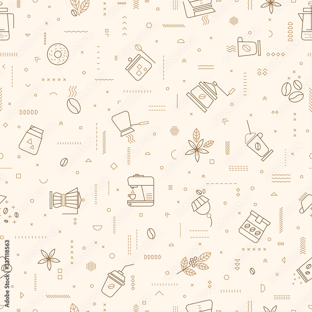Seamless pattern with coffee, cups, cakes, donuts and other coffee attributes. Vector illustration on light beige background. For wrapping paper, wallpaper, fabrics, backgrounds.