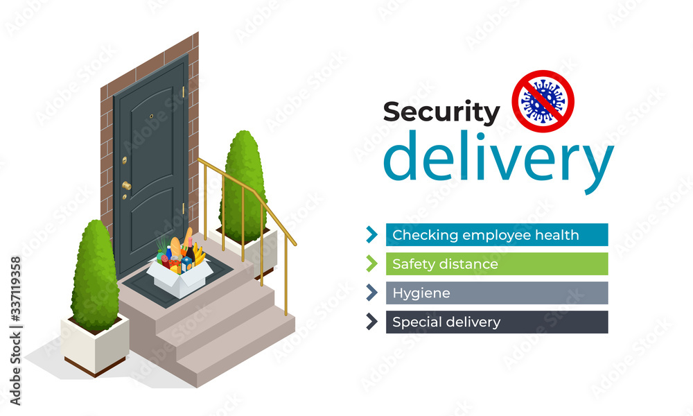 Obraz premium Isometric contactless deliveryman in a medical mask, gloves delivering food or products to the elderly and people with disabilities at home. Online purchases during a quarantine.