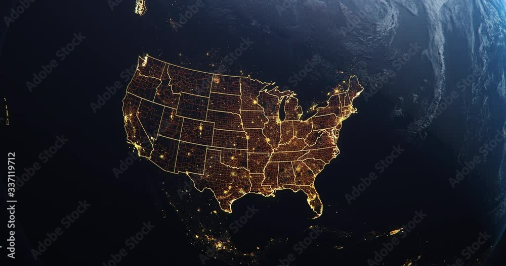 Planet Earth from Space USA, United States highlighted state borders and counties animation, elements of this image courtesy of NASA