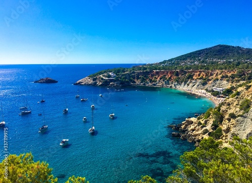 Fototapeta Naklejka Na Ścianę i Meble -  Beautiful aerial view on cala d'hort beach. Ibiza, Balearic Islands, Spain.