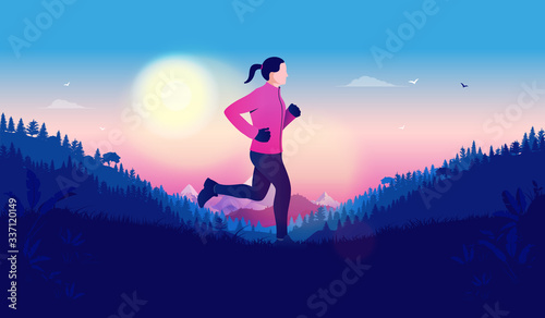Woman jogging early morning in beautiful landscape. Mountains and forest in background. Female runner, exercise and healthy lifestyle concept. Vector illustration.