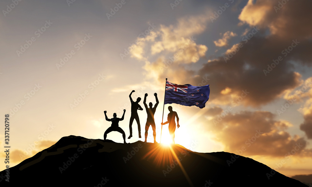 A group of people celebrate on a mountain top with New Zealand flag. 3D Render