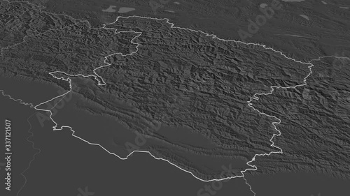 Mid-Western, development region with its capital, zoomed and extruded on the bilevel map of Nepal in the conformal Stereographic projection. Animation 3D photo