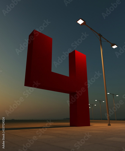 Red paint number 4. 3D render of big giant font on the street. Abstract architecture construction.