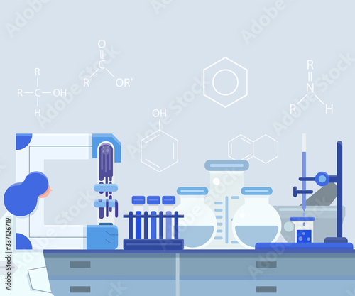 Scientist experiment on chemical reagent with table full of laboratory glassware and equipment. Concept flat design science character.