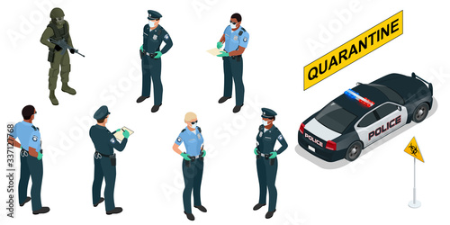 Isometric police officers in medical masks and gloves. Quarantine Control. Coronavirus Prevention. Police characters and police car.
