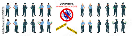 Isometric police officers in medical masks and gloves. Quarantine Control. Coronavirus Prevention. Police characters