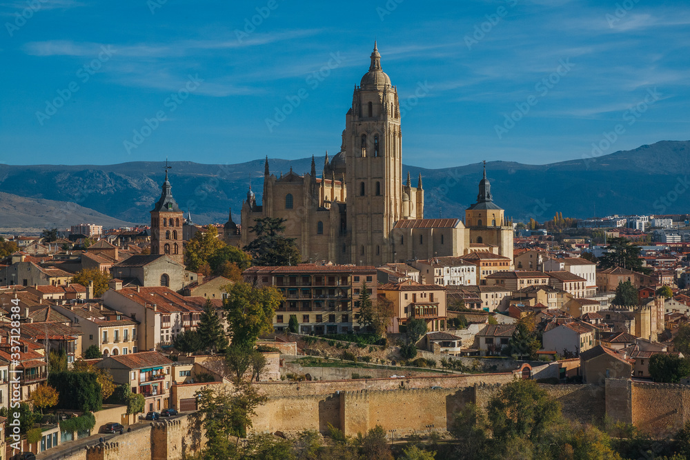 View of the Cathedral of Santa Maria from the city of Segovia, Spain