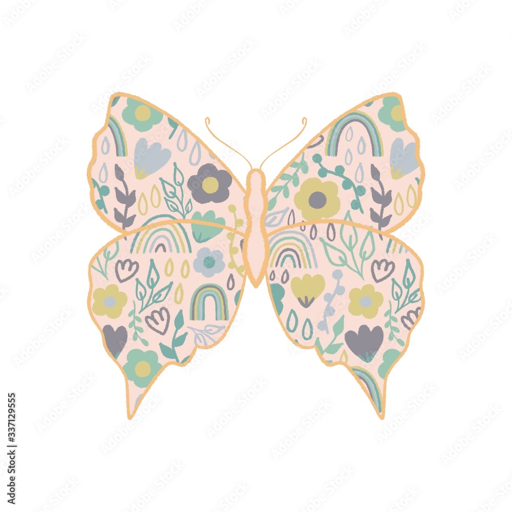 Pattern with doodle floral elements and rainbows in the silhouette of isolated butterfly. Gentle spring/summer illustration in pastel colors.