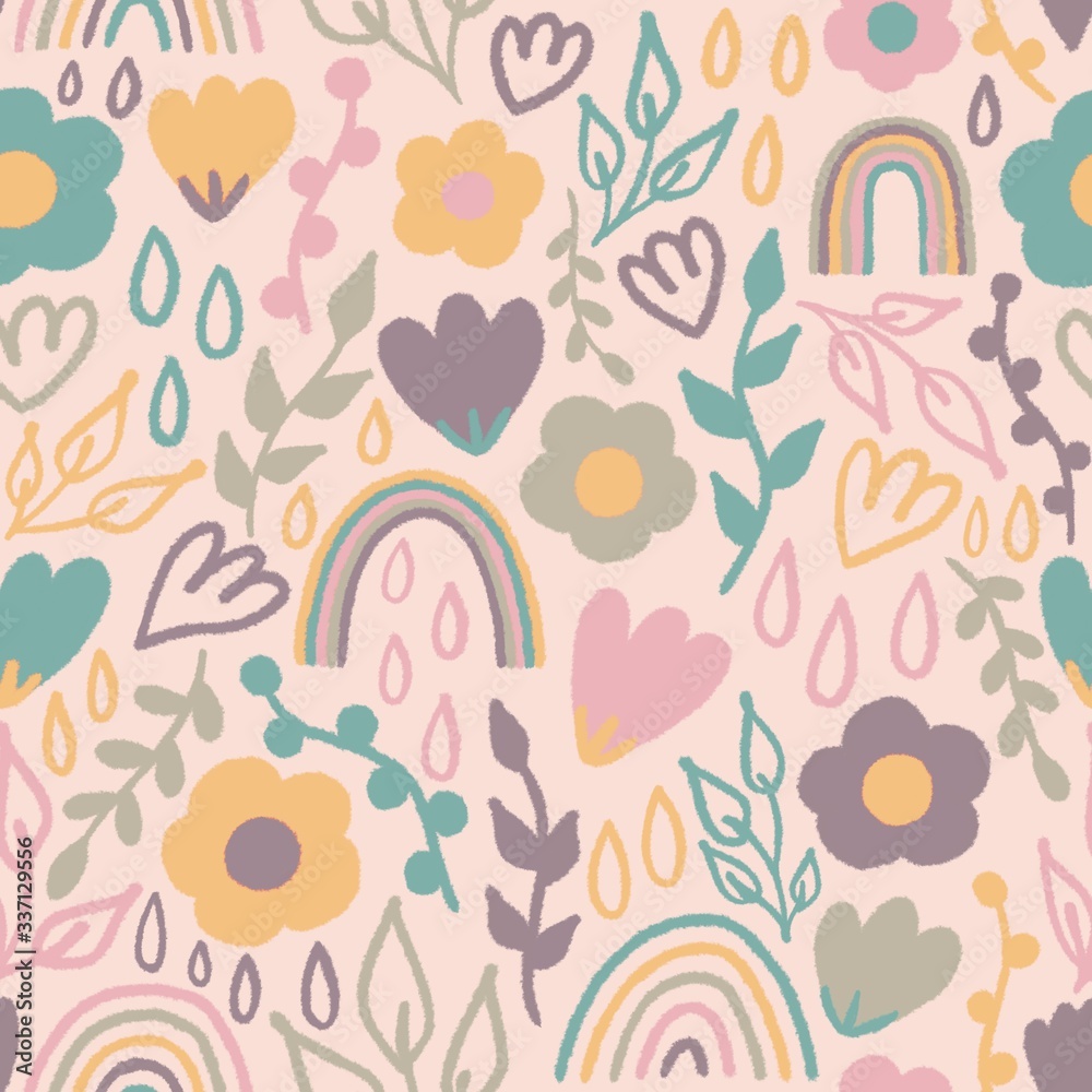 Hand drawn cute seamless pattern. Gentle spring/summer in doodle style with flowers, branches and rainbows. Colorful digital illustration. Hand drawn cute seamless pattern. Gentle spring/summer in doodle style with flowers, branches and rainbows. Colorful digital illustration.
