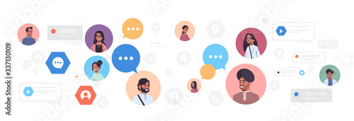indian men women avatars with chat bubble speech social media communication concept male female cartoon characters using online chatting app horizontal portrait vector illustration