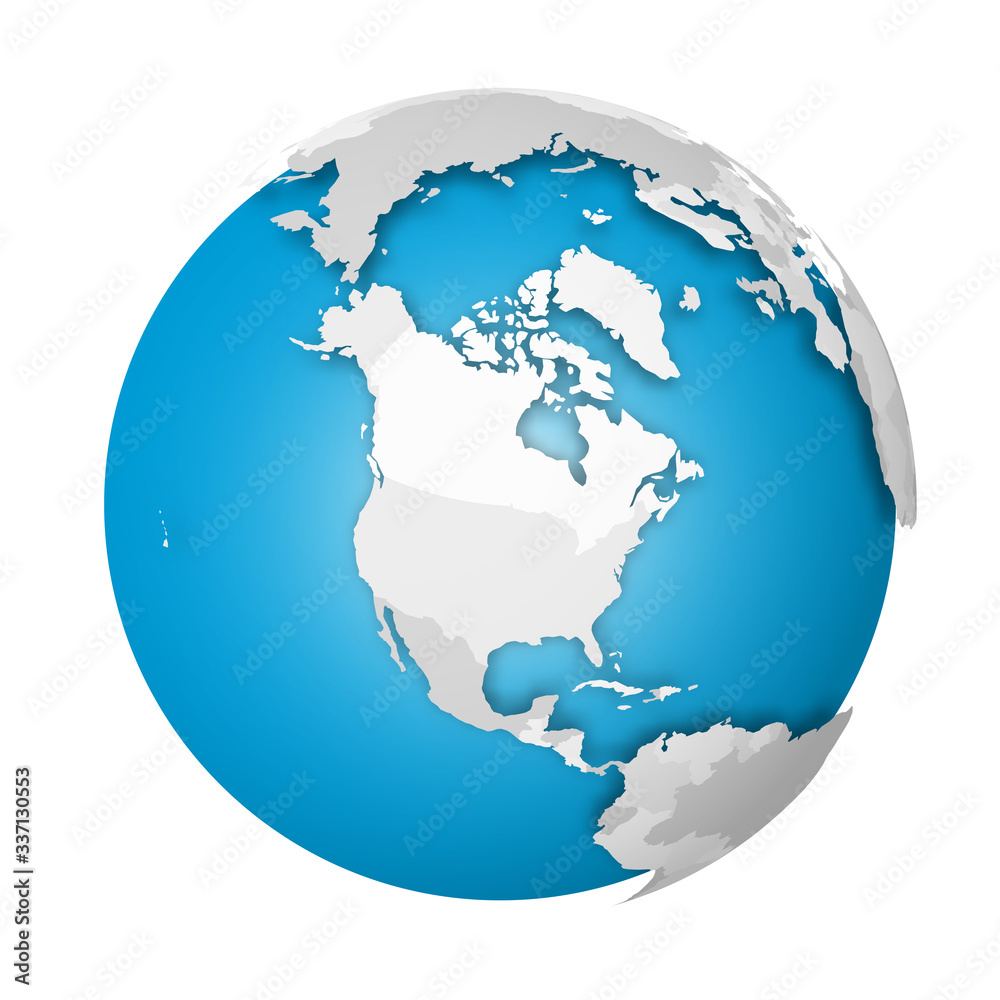 Earth globe. 3D world map with grey political map of countries dropping shadows on blue seas and oceans. Vector illustration
