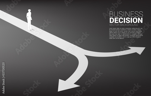 Silhouette of businessman standing at crossroad. Concept of time to make decision in business direction