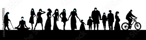 Collection of people silhouettes wearing medical masks preventing air pollution and virus , vector illustration