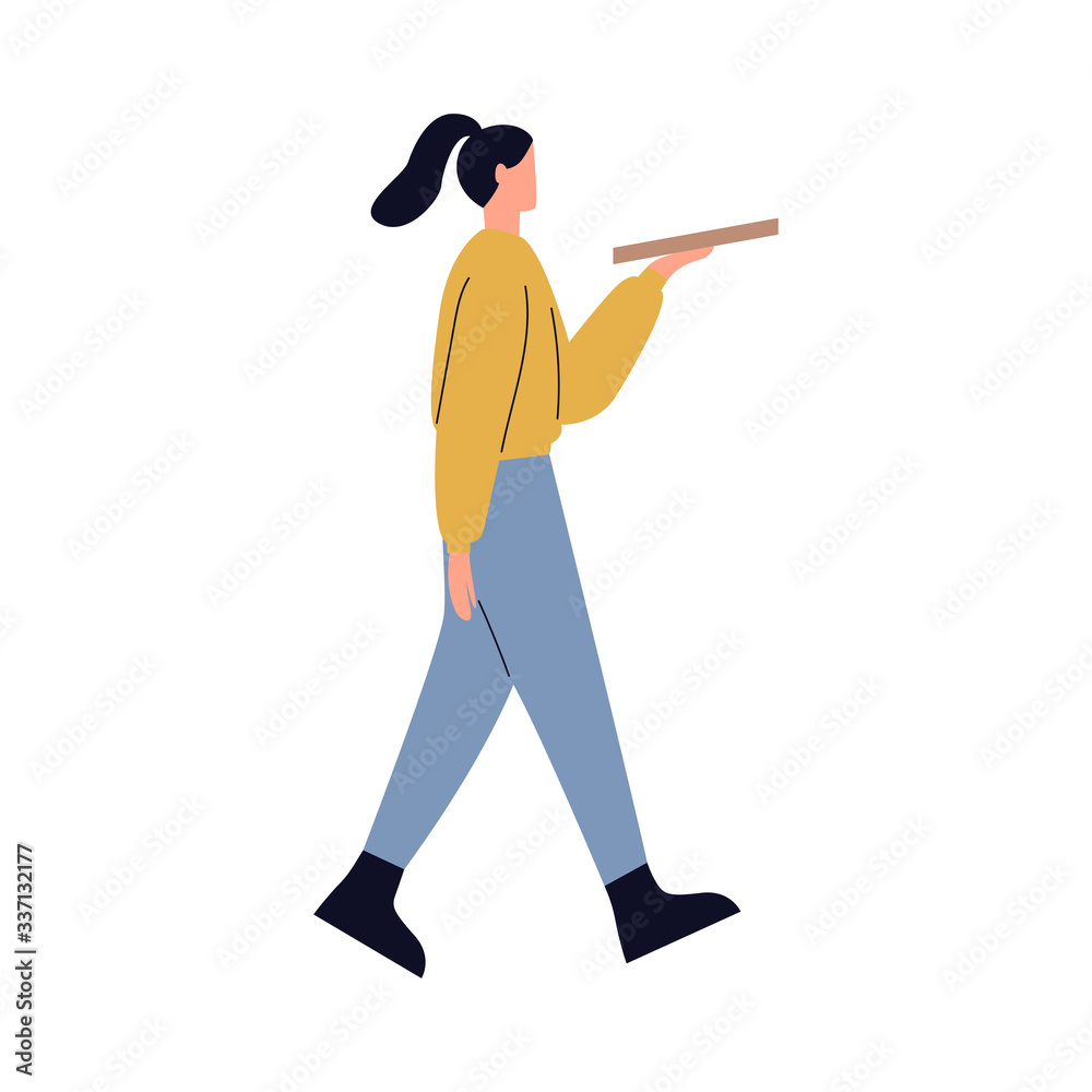 Girl carrying box with food. Delivery woman. Fastfood courier service. Takeaway concept. Pizza delivery flat vector illustration. Girl carrying box with food. Delivery woman. Fastfood courier service. Takeaway concept. Pizza delivery flat vector illustration.