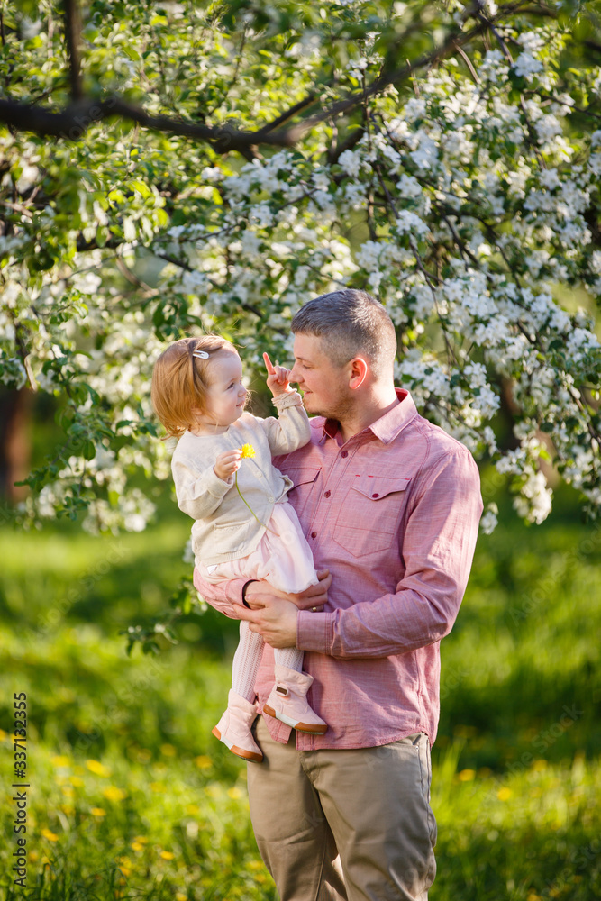 Fototapeta premium Father and little daughter in blooming apple garden. Dad loves his child. Spring story. Toddler girl in father's hands. Happy family