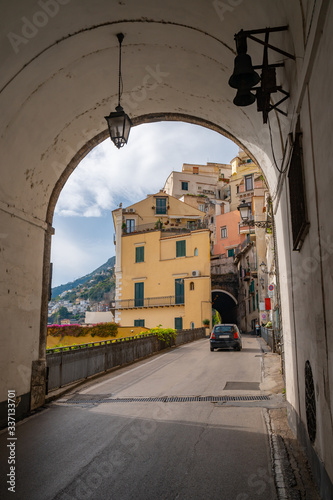 Narrow street view of Amalfi town, Italy