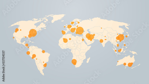 world map with location pins outbreak of coronavirus confirmed cases report worldwide globally infection epidemic MERS-CoV flu spreading floating influenza countries with Covid-19 horizontal vector