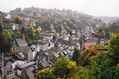 view of the city of Monschau from the top of a hill, Germany